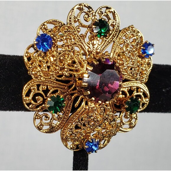 Czechoslovakia (CZECH) Gold Tone Filigree Glass Red, Green & Blue Stones Brooch - Picture 5 of 16